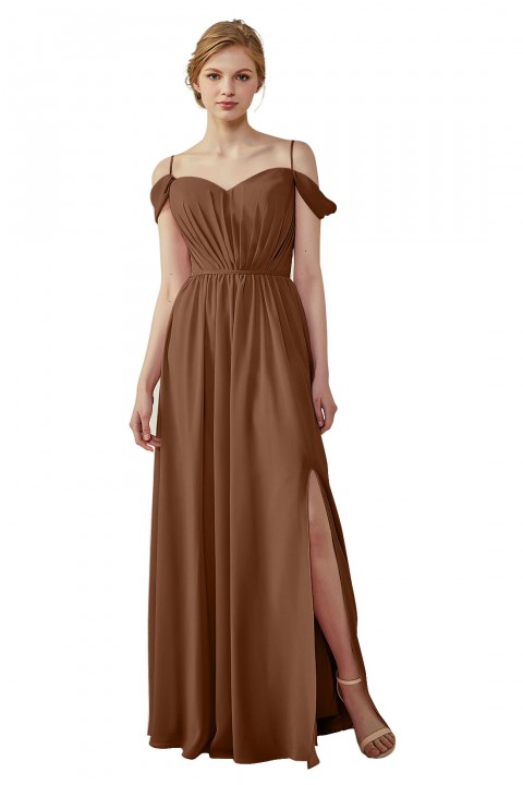 A-Line Cold Shoulder Spaghetti Straps Chiffon Bridesmaid Dress with Side Slit