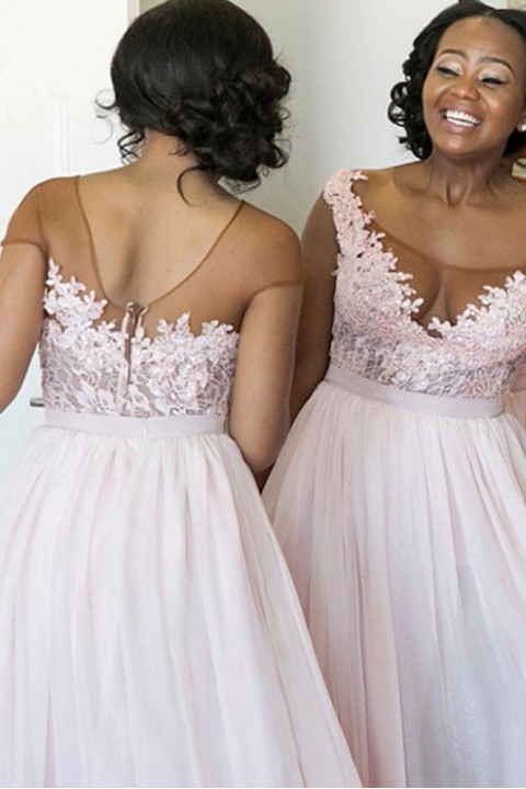 Illusion Tulle Neckline Flower Lace Bridesmaid Dress with High Split