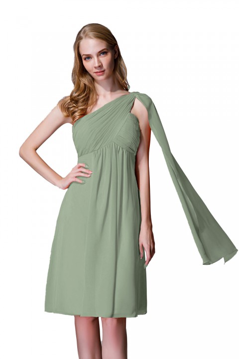 One-Shoulder Pleated Chiffon Short Bridesmaid Dress With Flowing Cape