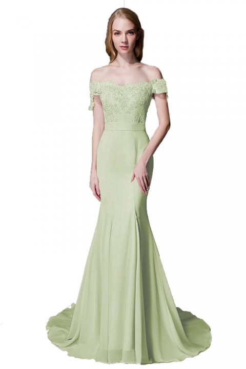 Elegant Mermaid Off Shoulder Chiffon Lace Straight Bridesmaid Dress with Train