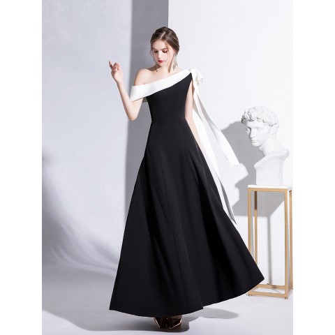 Black Big Bow One Shoulder Design Sleeveless Satin Party Dress