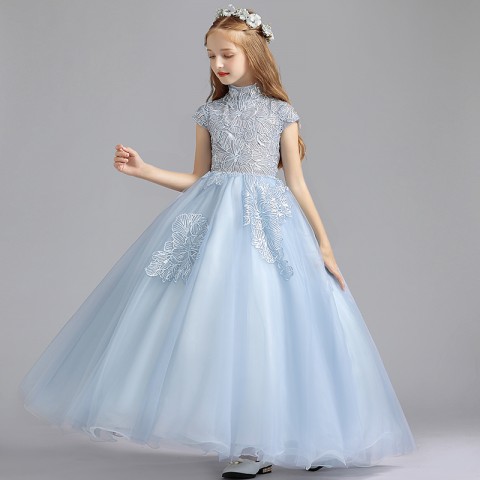 High Collar Sleeveless Lace Embroidery Sequins Tulle Skirt Girls Pageant Dresses