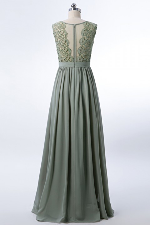 Lace Scoop Illusion Back A-Line Chiffon Bridesmaid Dress Long