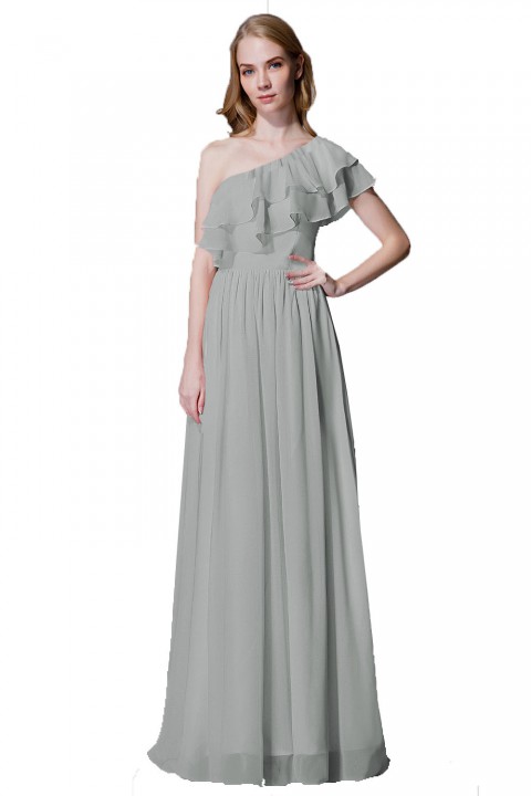 Asymmetrical One-Shoulder Flounce Chiffon Bridesmaid Dress Long