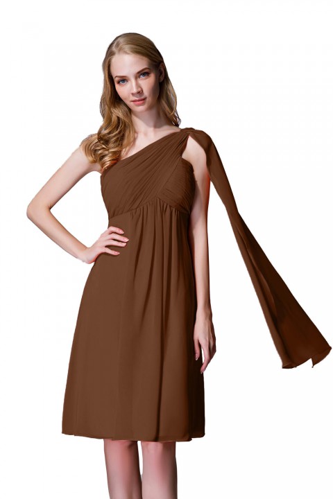 One-Shoulder Pleated Chiffon Short Bridesmaid Dress With Flowing Cape