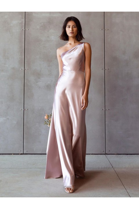 One Shoulder Design Sleeveless Luxe Satin Bridesmaid Dress