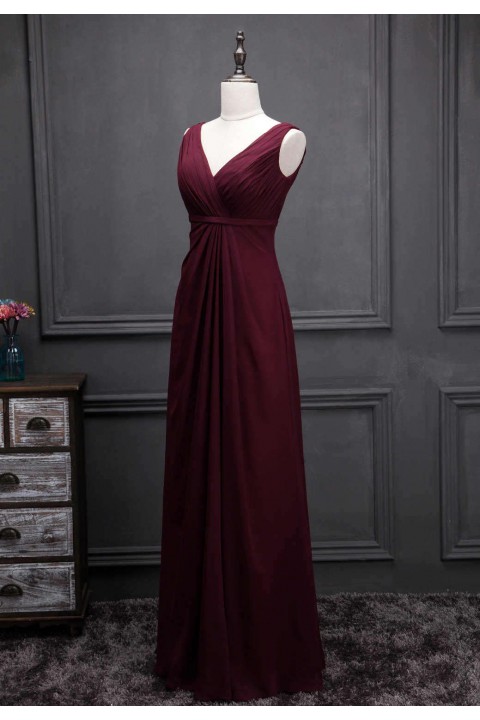 V Neck & Back Thin Sash Ruched Chiffon Bridesmaid Dress Long