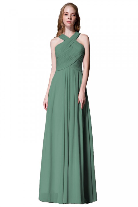 Chic Criss-cross Halter Pleated Chiffon Bridesmaid Dress Long