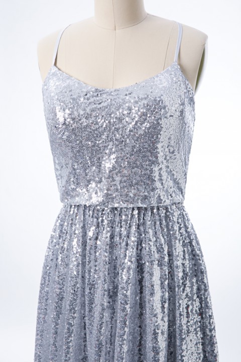 Adjustable Spaghetti Straps Crisscross Tie Back Sequin Bridesmaid Dress