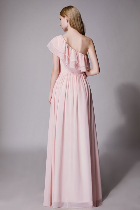 Asymmetrical One-Shoulder Flounce Chiffon Bridesmaid Dress Long