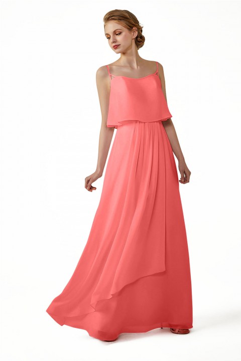 Boho Spaghetti Straps Chiffon V-Back Bridesmaid Dress with Flounce