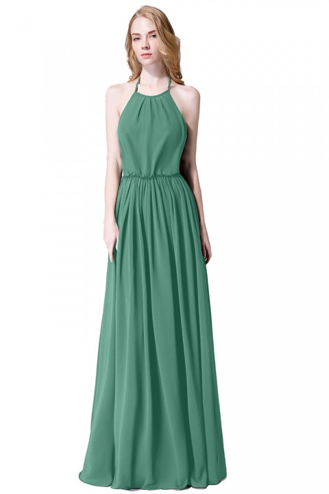 Halter Spaghetti Strap Open Back Chiffon Bridesmaid Dress with Sash