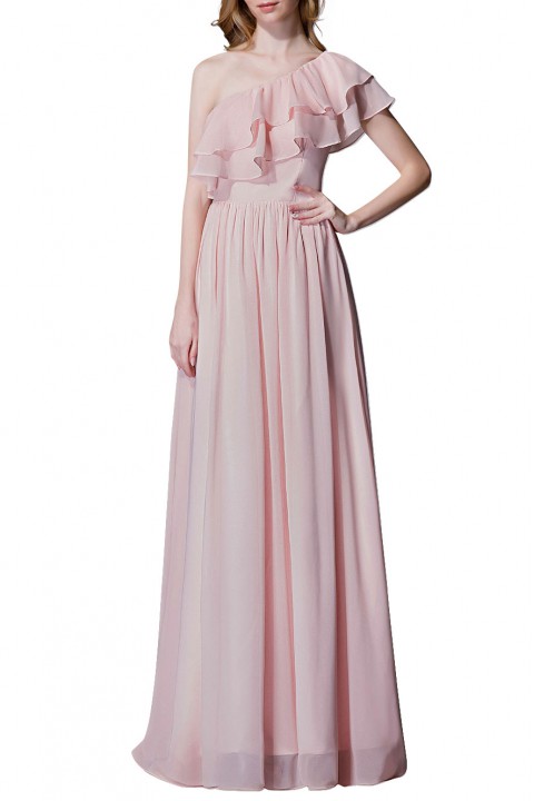 Asymmetrical One-Shoulder Flounce Chiffon Bridesmaid Dress Long