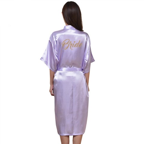 Slogan Printed Tied Waist Silk Bride Robe with Pockets