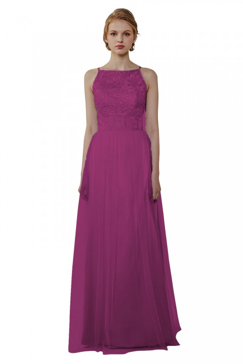 Tulle Lace Illusion Boatneck and Back Bridesmaid Dress with Keyhole 