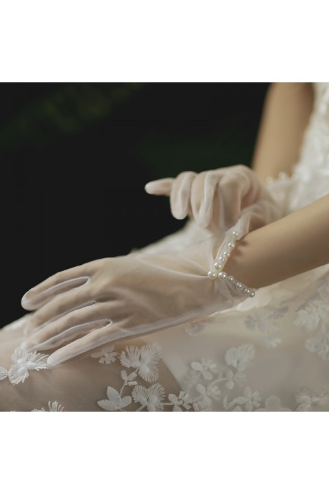 White Pearl Decor Soft Tulle Wedding Bridal Gloves