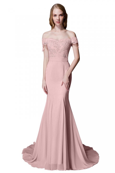 Elegant Mermaid Off Shoulder Chiffon Lace Straight Bridesmaid Dress with Train