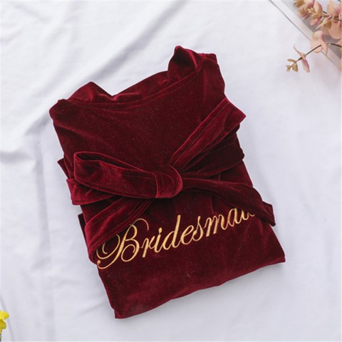 Back Embroidery Tied Waist Long Sleeve Velvet Bridesmaid Robe