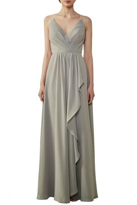 Lace Illusion Back Clousre Tulle Strap V-Neck Bridesmaid Dress with Ruffle