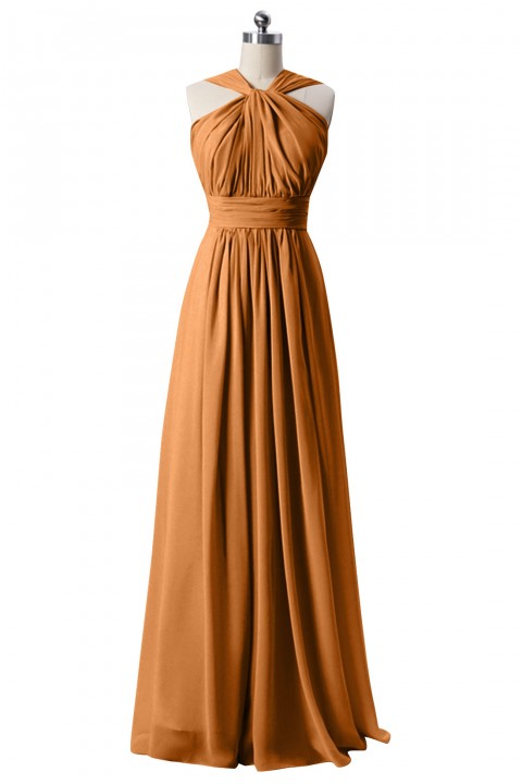 Twisted Halter Neck Pleated Bodice Illusion Back Chiffon Long Bridesmaid Dress