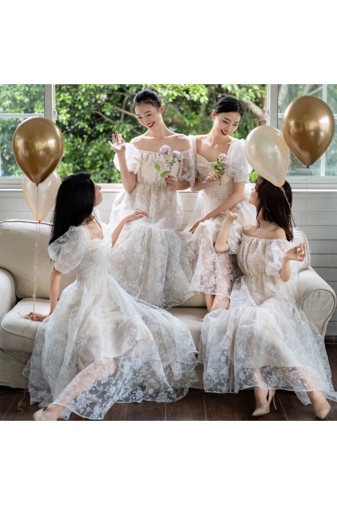 Fantasy Elegant White Off Shoulder Short Puff Sleeves High Waist Floral Lace Bridesmaid Dress