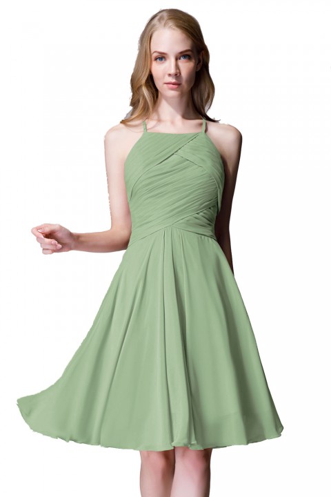 Elegant Halter Tea Length Pleated Chiffon Bridesmaid Dress with Tie Back