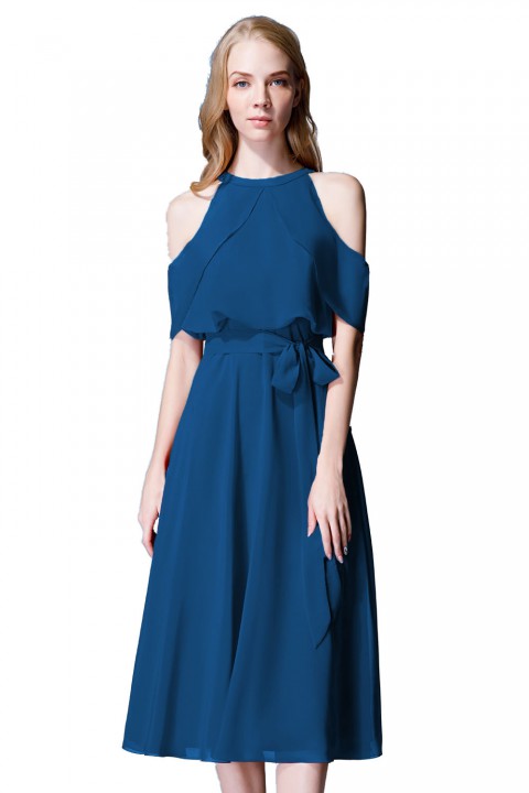 Flirty Off Shoulder Chiffon Ruffled Detachable Belt Bridesmaid Dress Short