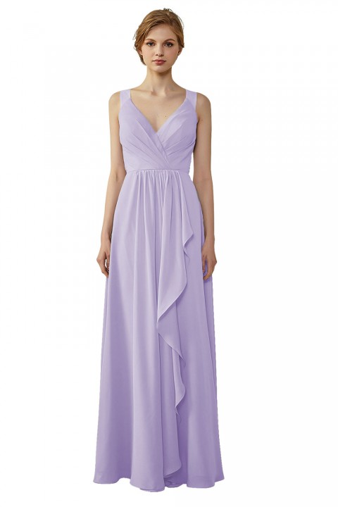 Lace Illusion Back Clousre Tulle Strap V-Neck Bridesmaid Dress with Ruffle