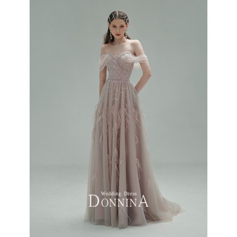 Pink Luxury Off Shoulder Beaded Feathers Design Fantasy Tulle Party Dress