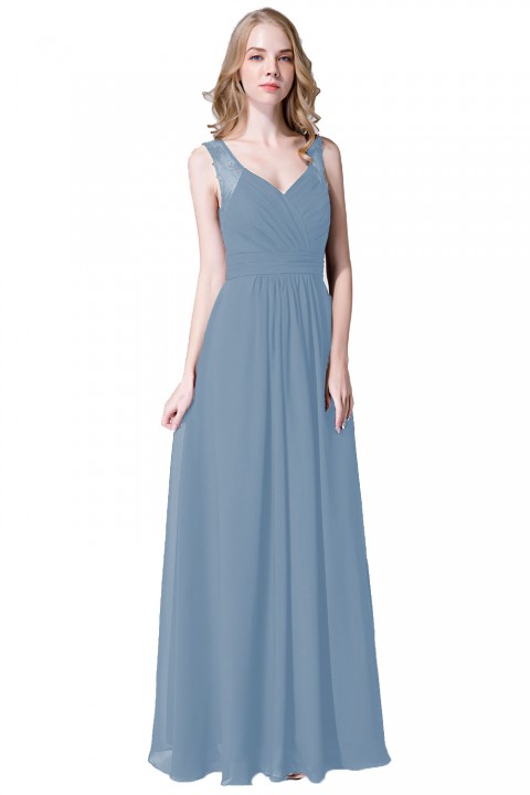 V Neck Illusion Lace Straps Keyhole Back Chiffon Ruched Bridesmaid Dress