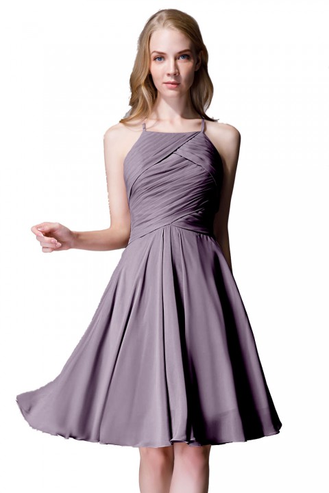 Elegant Halter Tea Length Pleated Chiffon Bridesmaid Dress with Tie Back