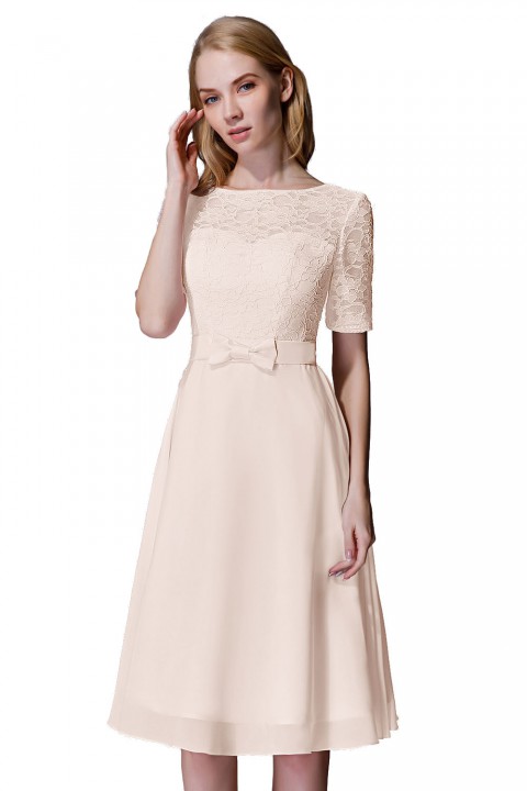 Elbow Sleeves Lace Illusion Scoop Neck Short Bridesmaid Dress with Silk Bowknot