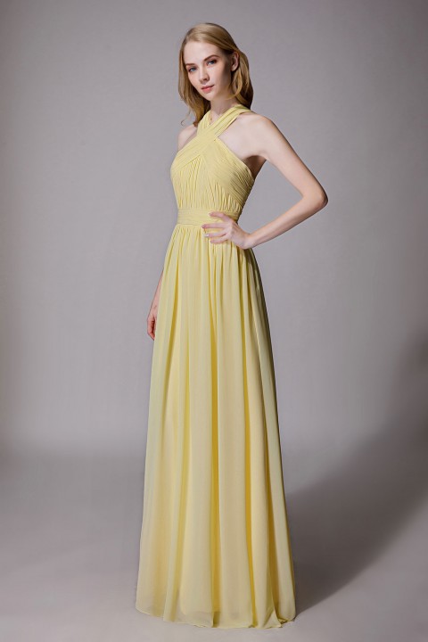 Criss-cross Halter Pleated Chiffon Bridesmaid Dress with Cross-straps Back