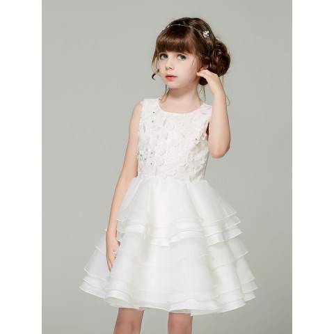 White Sleeveless Flowers Embroidered Lace Skirt Girls Pageant Dresses