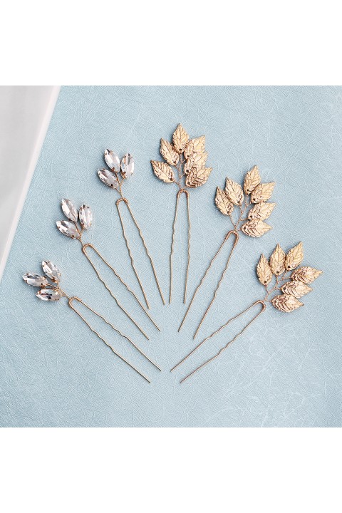 Crystal Leaf Shaped Wedding Hairpins (6 in a set)