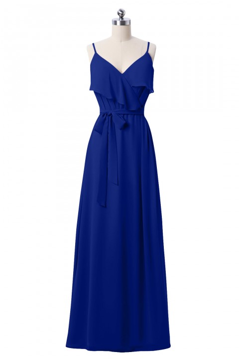 Spaghetti Straps Scoop Back Ruffled Chiffon Bridesmaid Dress with Sash