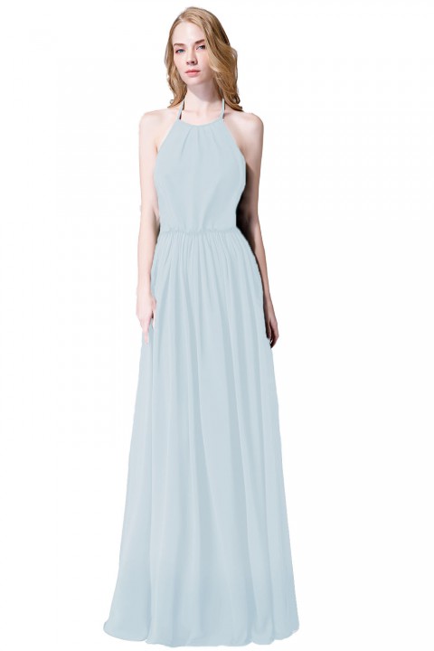 Halter Spaghetti Strap Open Back Chiffon Bridesmaid Dress with Sash