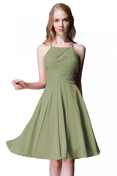 Elegant Halter Tea Length Pleated Chiffon Bridesmaid Dress with Tie Back