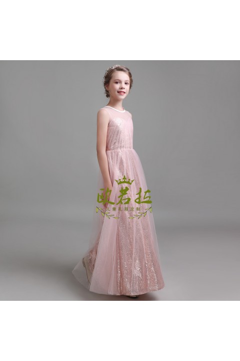 Round Neck Sequins Tulle Skirt Junior Bridesmaid Dresses