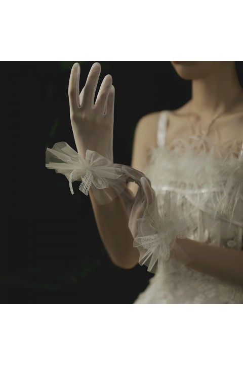 White Handmade Lace Bow Decor Thin Tulle Wedding Bridal Gloves