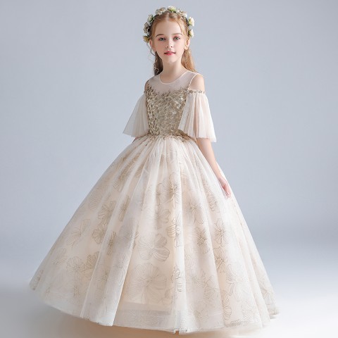 Champagne Round Neck Cap Sleev Sequins Flowers Decor Tulle Skirt Girls Pagent Dresses