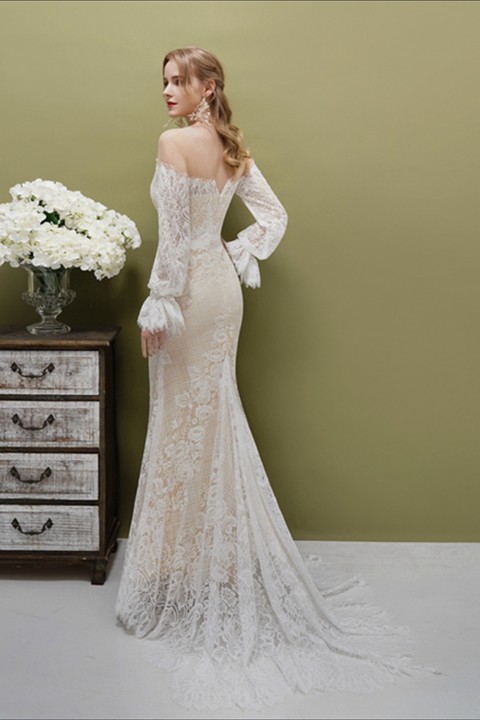 Off Shoulder Long Sleeve Lace Mermaid Wedding Dress with Train