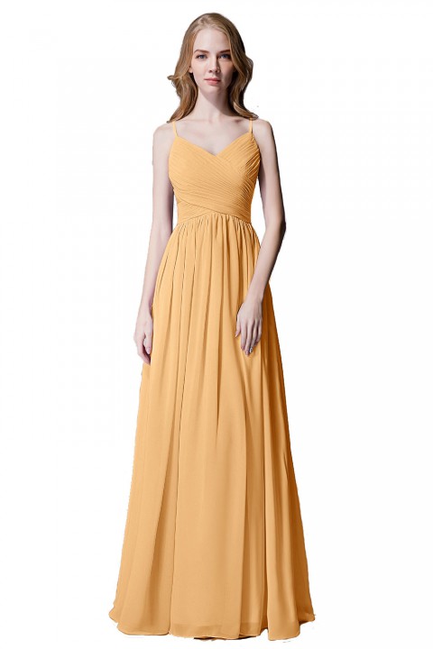 Spaghetti Straps Pleated Chiffon Bridesmaid Dress with Lace Open Back