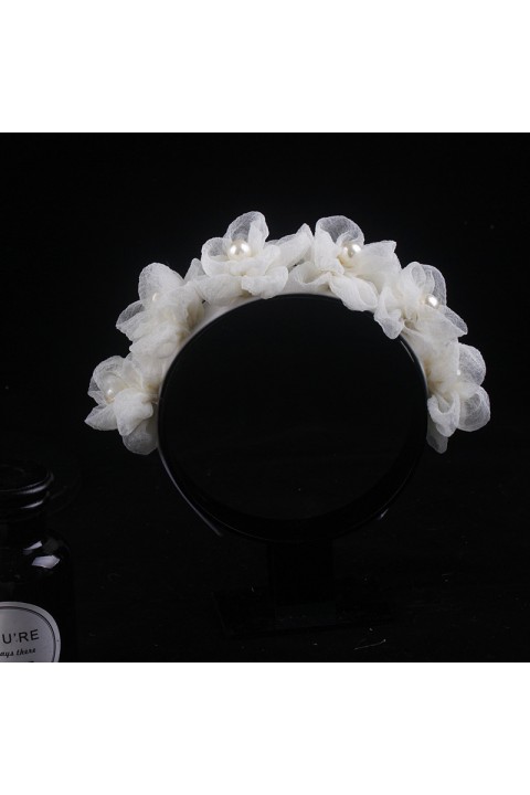 White Handmade Pearl Tulle Flower Decor Bridal Headband