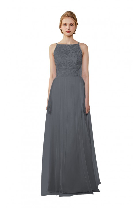 Tulle Lace Illusion Boatneck and Back Bridesmaid Dress with Keyhole 