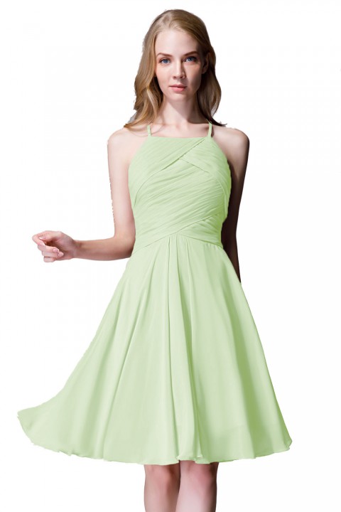 Elegant Halter Tea Length Pleated Chiffon Bridesmaid Dress with Tie Back