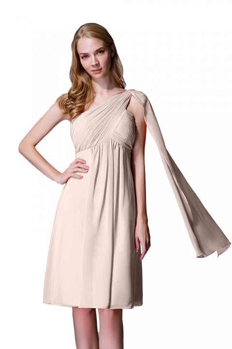 One-Shoulder Pleated Chiffon Short Bridesmaid Dress With Flowing Cape