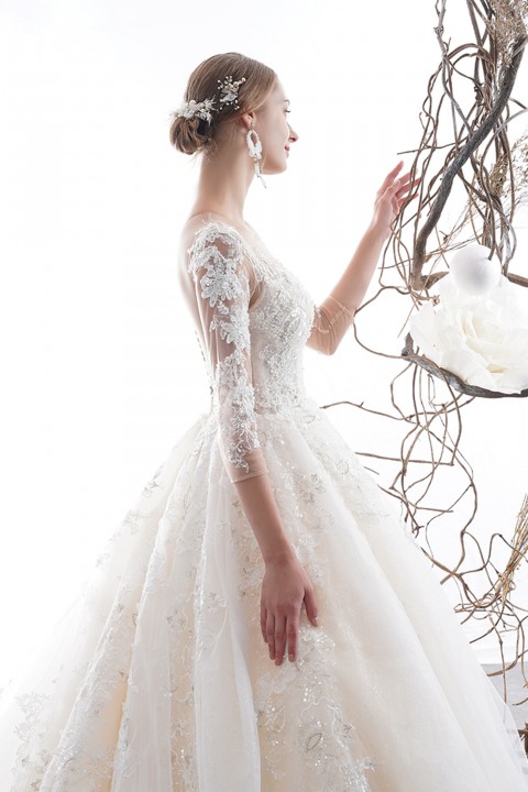 Sequin Crystal Decor Lace Crochet Illusion Neck & Back Tulle Wedding Dress with Train