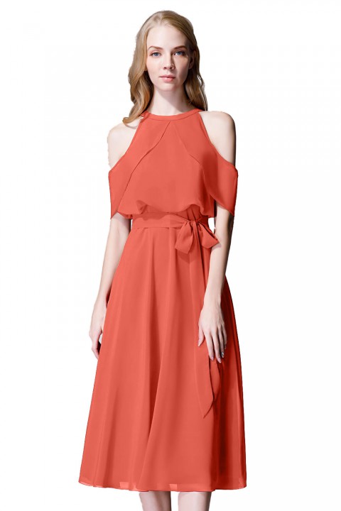 Flirty Off Shoulder Chiffon Ruffled Detachable Belt Bridesmaid Dress Short