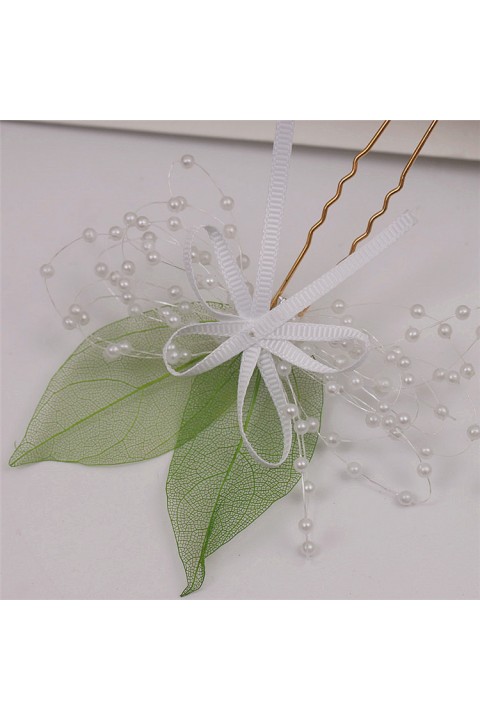 Leaf Shaped Pearl Decor Bridal Hairpin